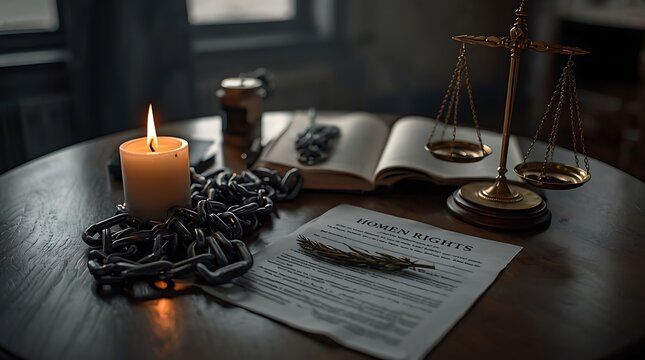 Modern Slavery Awareness Concept With Broken Chains And Human Rights Symbols