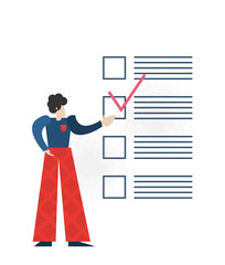 Positive business man with a giant pencil on his shoulder nearby marked checklist on a clipboard paper.  Illustration flat design style © mix3r