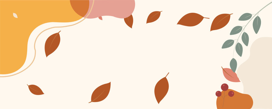 Autumn season illustration with falling leaves and organic abstract shapes scattered across a light background
