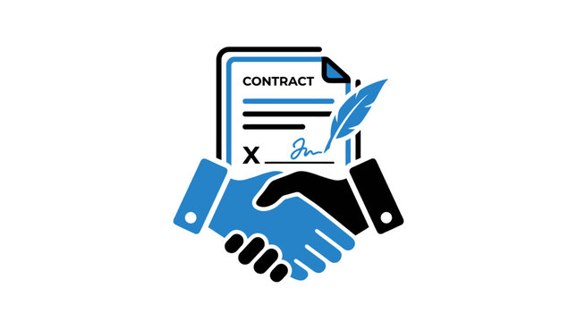 Professional business agreement icon featuring a formal handshake symbol and a legal document representation for contract signing, corporate partnership, and successful deal finalization.