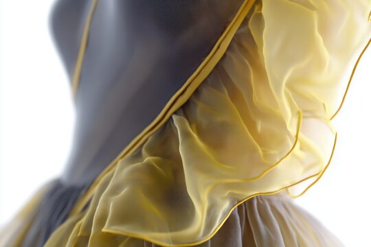An elegant sheer organza dress with delicate ruffle detail and a golden trim, showcasing intricate craftsmanship and luxurious fabric.