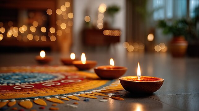 Diwali Decoration Background with Traditional Oil Lamps (Diyas) and Rangoli for Indian Festival Celebration.