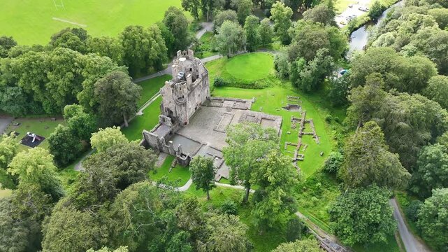 Spectacular Aerial View of Huntly Castle, Historic 12th Century Fortress in Aberdeenshire Scotland, Scottish Heritage Landmark
