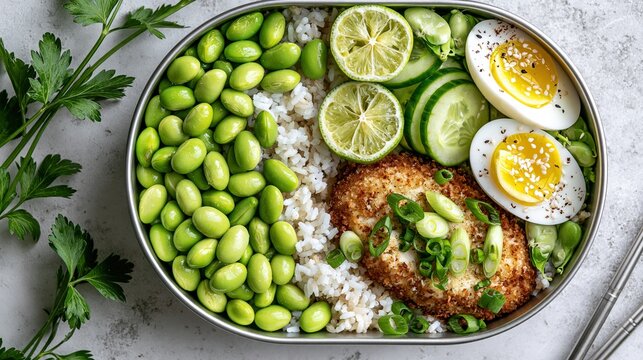 Delicious and healthy lunch bowl with rice, chicken, and fresh vegetables.