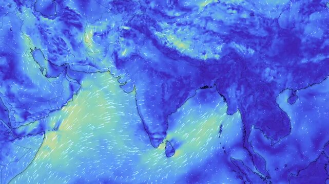 India map shows direction of wind currents. Formation of monsoon storms weather forecast 4K video