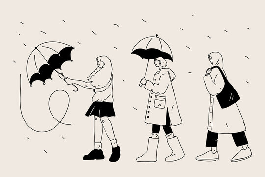 Three girls walking in the rain with umbrellas vector illustration⁠.