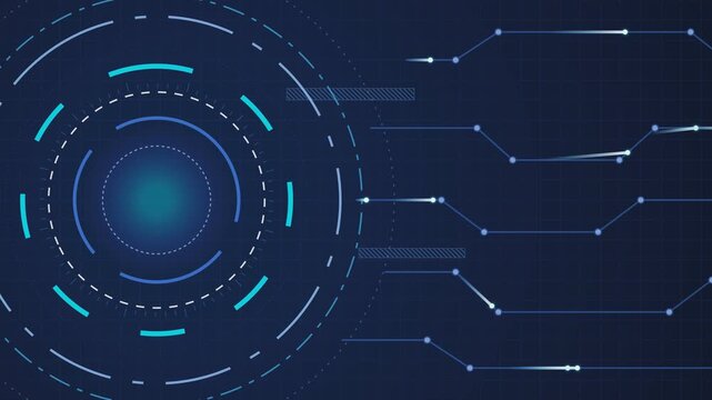Digital abstract radar interface with glowing nodes on dark blue grid motion graphic.