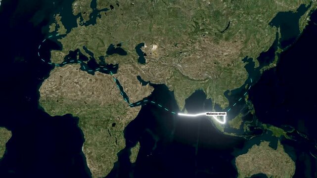Malacca Strait Shipping Trade Route Highlighting in World Map Animation 4K 
