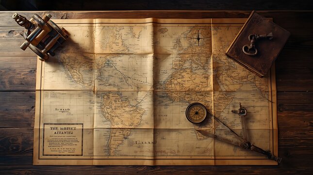 Historical Maritime Chart Display With Vintage Navigation Tools And Broken Shackles