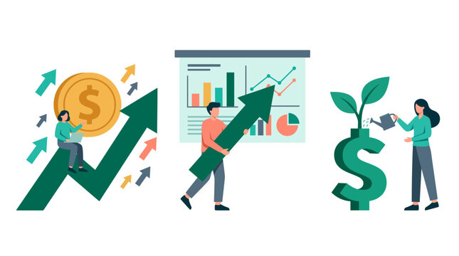 Business people analyzing charts with upward green growth arrows and watering dollar plant, symbolizing financial investment strategy and sustainable corporate profit development