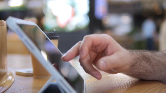 Hand taps tablet screen in cafe setting. Person focused, calm, using device for work or browsing. Ideal for tech, communication, or modern lifestyle themes. Background softly blurred, cozy atmosphere
