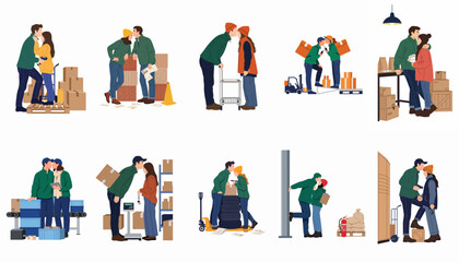 Fototapeta premium Collection of flat illustrations depicting romantic couples kissing and sharing moments of love while working together in a warehouse and logistics setting.