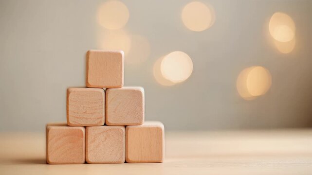Cinematic close-up of a hand placing a natural wooden cube onto a pyramid structure of building blocks, creating a stacked arrangement, symbolizing growth, achievement, and strategic planning