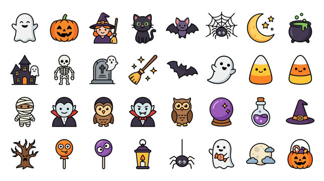 Creative Halloween Themed Icon Set with Colorful Ghosts Pumpkins Witches Bats and Spooky Accessories