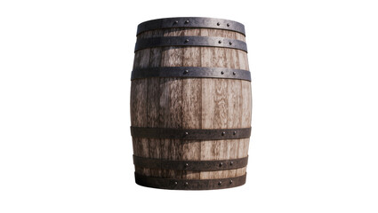 Fototapeta premium Weathered wooden barrel with metal bands, isolated on transparent background