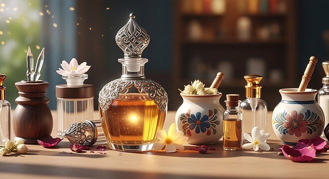 Elegant collection of antique perfumes and apothecary items on a wooden shelf