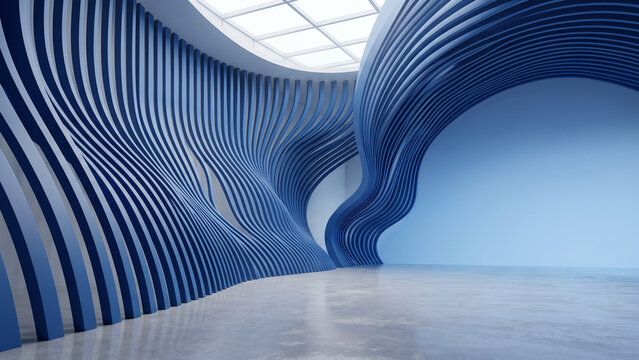 Abstract interior design with flowing blue parametric walls and modern architectural curves.