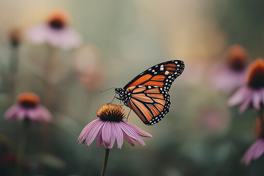 Close-up of a monarch butterfly resting on a purple coneflower