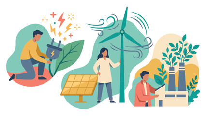 Fototapeta premium Flat vector illustration of people interacting with renewable energy sources like wind turbine solar panel and electric plug, symbolizing green tech solutions, illustrating sustainable power concept