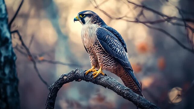 Peregrine falcon perched on branch with blurred background