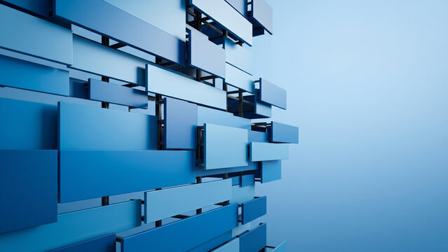 Abstract background featuring layered blue rectangular panels with depth and perspective.