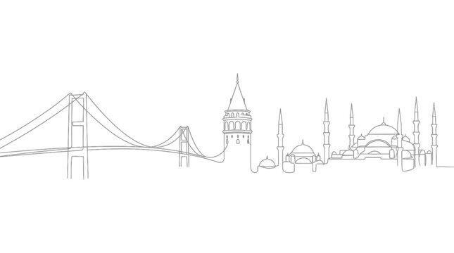 Continuous line art drawing of Istanbul skyline featuring Bosphorus Bridge Galata Tower and Sultan Ahmed Mosque, illustrating Turkish tourism promotion and cultural heritage travel