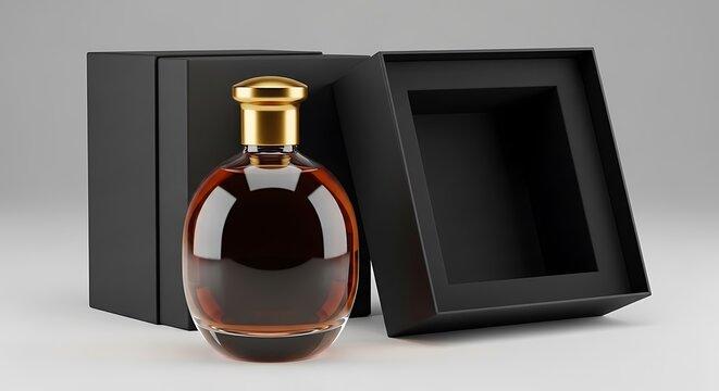 Elegant amber perfume bottle in an open luxury packaging box