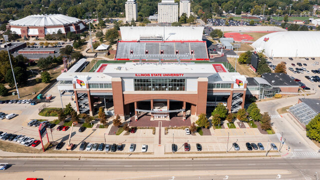 Normal, IL, USA - September 11, 2025: Hancock Stadium is home to the Illinois State University Redbirds football team that competes in the NCAA Missouri Valley Football Conference. Aerial View.