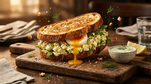 Fresh egg salad sandwich with runny yolk on wooden board