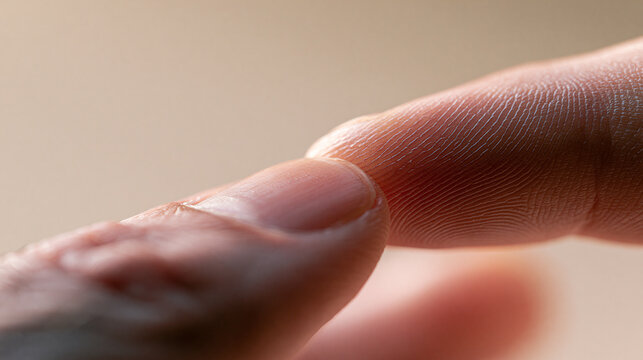 An extreme macro photograph captures one fingertip gently pressing against another, revealing detailed fingerprint ridges.
