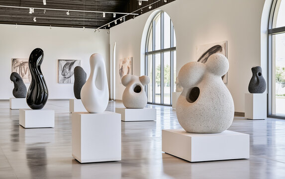 Modern gallery space displays abstract sculptures on white pedestals. Minimalist room features black, white artistic statues arranged for visitors.