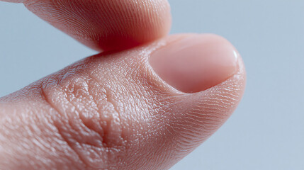 Fototapeta premium An extreme macro photograph captures one fingertip gently pressing against another near the nail, revealing intricate fingerprint ridges.