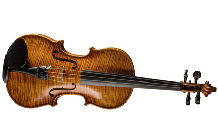 Ornate wooden violin with dark strings and tuning pegs, isolated on transparent background © Aliona