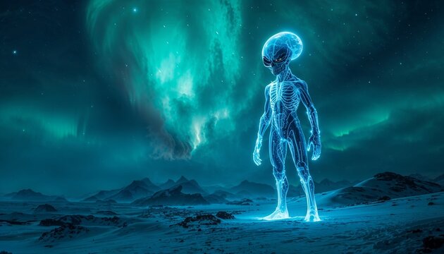 Glowing alien standing on a distant planet. Extraterrestrial being in a cosmic landscape.