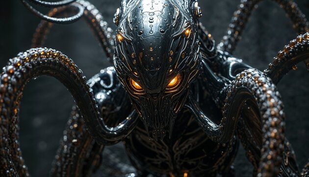 Cybernetic alien creature with glowing eyes. Mechanical monster with tentacles in dark space.