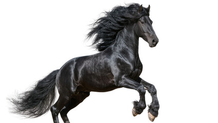 Majestic black Friesian horse with flowing mane and tail, isolated on transparent background © Sorin