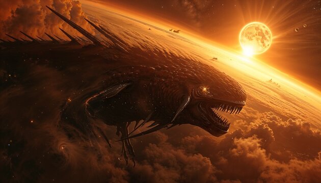Giant space monster flying above a planet. Cosmic creature soaring through alien atmosphere.