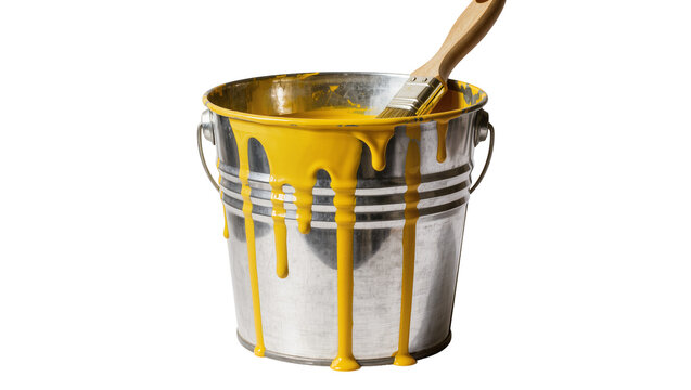 Metal paint bucket with yellow paint dripping brush inside, isolated on transparent background