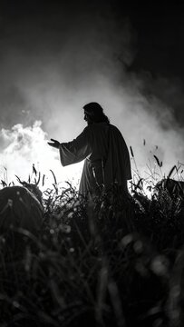 Monochromatic depiction of a man in a field, evoking a spiritual or prophetic scene