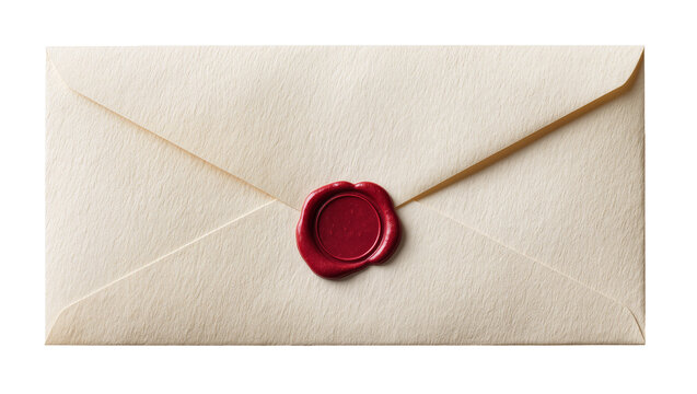 Cream textured envelope sealed with a red wax stamp, isolated on transparent background