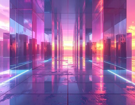 Futuristic glass cubes, symmetrical arrangement, reflective surfaces, neon highlights