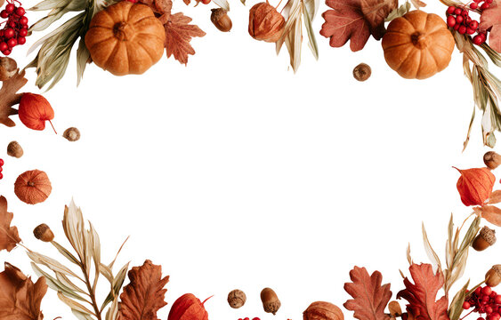 Autumn Frame Border with Pumpkins and Colorful Fall Leaves and Copy Space
