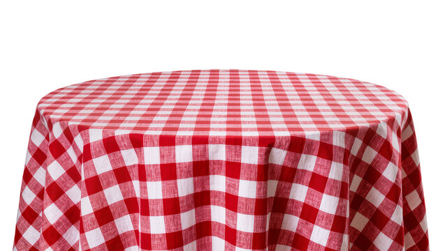 Round red and white gingham tablecloth, isolated on transparent background