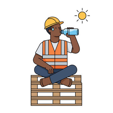 A construction worker sits on a wooden pallet and drinks water during a hot day
