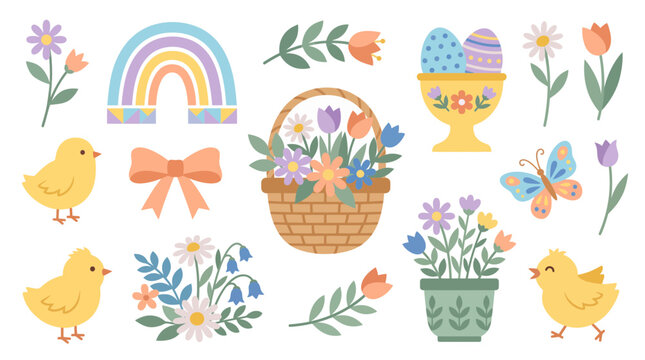 Colorful Easter spring clipart set with cute chicks, flower basket, rainbow, butterfly and decorated eggs, Symbolizing holiday celebration, illustrating creative seasonal card design