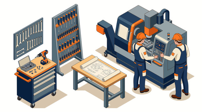 Isometric illustration of two factory workers operating modern CNC milling machine with tools and blueprint, illustrating industrial manufacturing process and technical engineering workflow