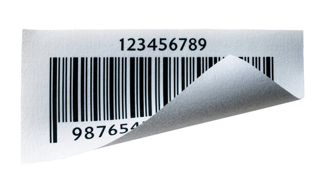 Black and white barcode label with peeling corner, isolated on transparent background