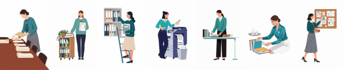 Fototapeta premium Flat vector illustrations of professional women performing administrative office tasks such as filing, printing, and organizing documents in a workspace.