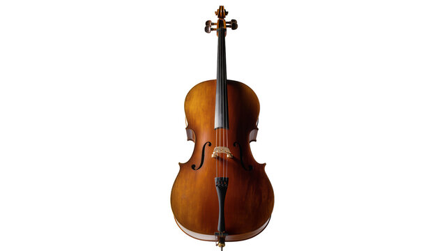 Brown wooden cello with ebony fingerboard and tuning pegs, isolated on transparent background