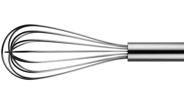 Shiny metal whisk with thin wires, isolated on transparent background